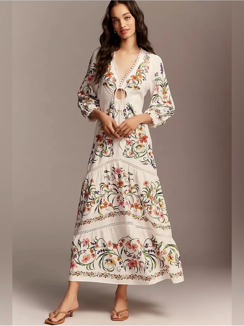 Farm Rio Anthropologie Long Sleeve Cutout Maxi Dress Floral Large